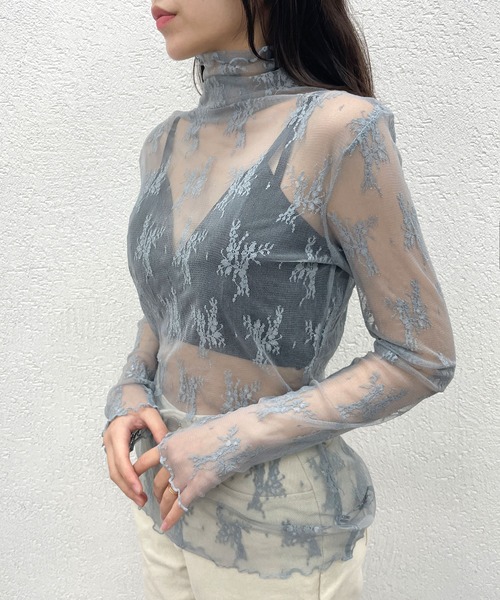 CEMONEMO（セモネモ）の「花柄レース ハイネック メロー カットソー（Tシャツ/カットソー・レディース・ホワイト/ベージュ/グレー/ブラック・FREE）」の3枚目の写真