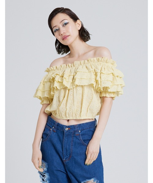 Little sunny bite（リトルサニーバイト）の「Off shoulder frill blouse（シャツ/ブラウス・レディース・ブラック/ホワイト/イエロー/グリーン・FREE）」の4枚目の写真