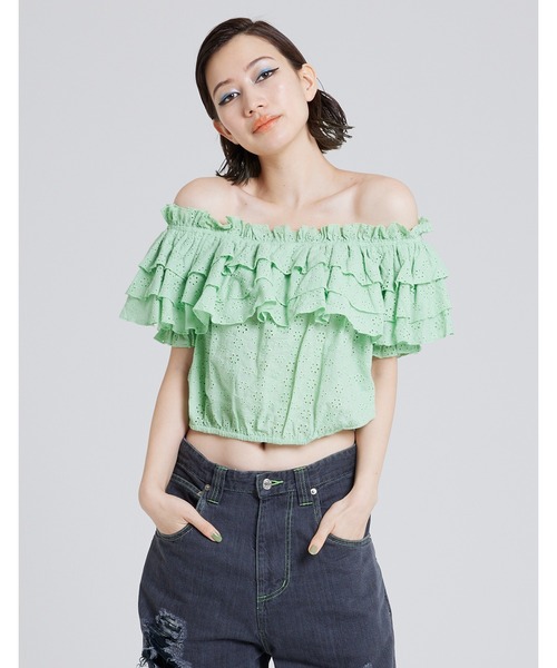 Little sunny bite（リトルサニーバイト）の「Off shoulder frill blouse（シャツ/ブラウス・レディース・ブラック/ホワイト/イエロー/グリーン・FREE）」の3枚目の写真