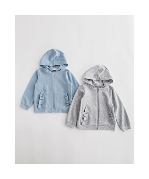 BeBe（ベベ）の「BeBe/ローゲージワッフル取り外し可能フード付きフリルポケットパーカー(90~150cm)（パーカー・キッズ・ブルー/グレー・130/140/150/120/100/110/90）」の6枚目の写真