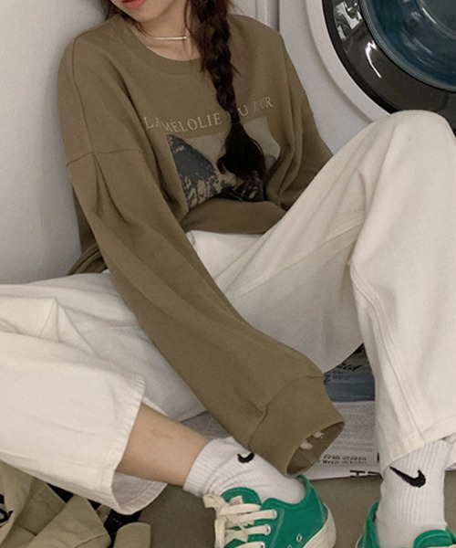 c.u.l(シーユーエル)の「クロップド丈プリントロンティー culw324(Tシャツ/カットソー・レディース・ベージュ/ブラック/アイボリー・FREE)」の4枚目の写真