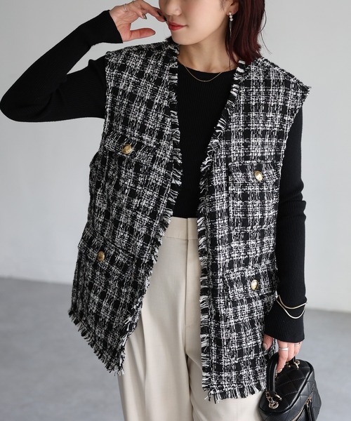 L'AUBE BLANC／フリンジツイードベスト　ブラック Fringe tweed vest – L'AUBE BLANC