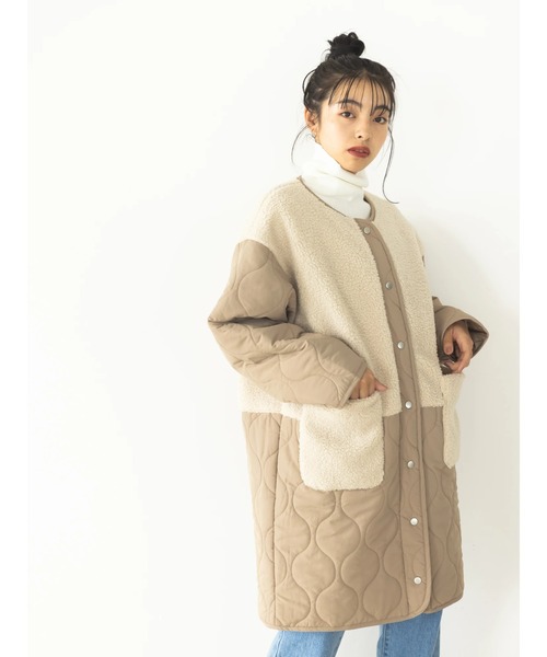 koe（コエ）の「ボア切り替えキルティングコート（ノーカラーコート・レディース・アイボリー/ブラック/カーキ・FREE）」の2枚目の写真