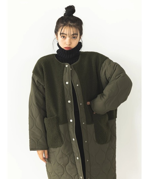 koe（コエ）の「ボア切り替えキルティングコート（ノーカラーコート・レディース・アイボリー/ブラック/カーキ・FREE）」の4枚目の写真