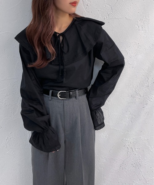 apres jour mignon（アプレジュールミニョン）の「レース付きブラウス【ZOZOTOWN限定アイテム】（シャツ/ブラウス・レディース・オフホワイト/ブラック・X-LARGE/フリー）」の4枚目の写真