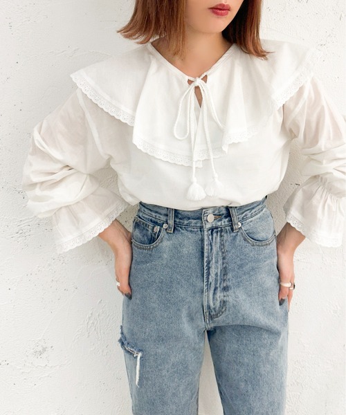 apres jour mignon（アプレジュールミニョン）の「レース付きブラウス【ZOZOTOWN限定アイテム】（シャツ/ブラウス・レディース・オフホワイト/ブラック・X-LARGE/フリー）」の10枚目の写真