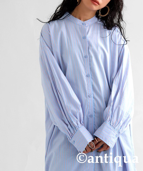 antiqua(アンティカ)の「綿混素材ストライプ柄シャツワンピース(シャツワンピース・レディース・グリーン系その他/ブルー系その他/オレンジ系その他/ネイビー・FREE)」の4枚目の写真