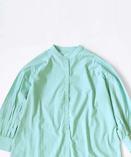 ヤッコマリカルド　シルク混　シャツワンピース　グリーンストライプ　オーバーサイズ ヤッコマリカルド シルク混 シャツワンピース グリーン