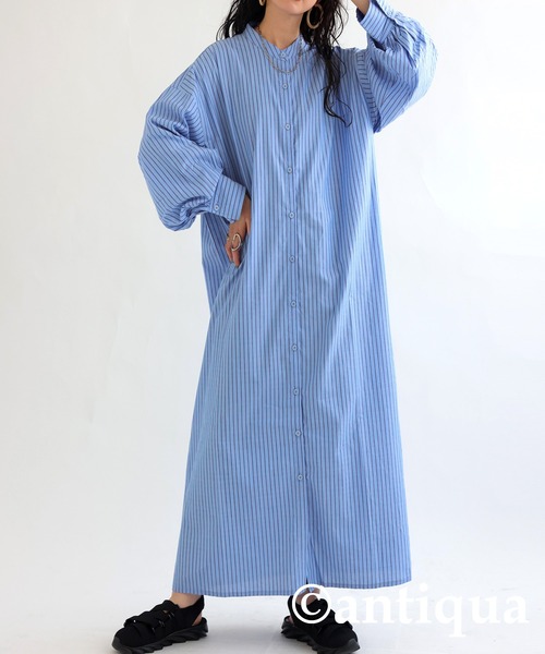 antiqua(アンティカ)の「綿混素材ストライプ柄シャツワンピース(シャツワンピース・レディース・グリーン系その他/ブルー系その他/オレンジ系その他/ネイビー・FREE)」の13枚目の写真
