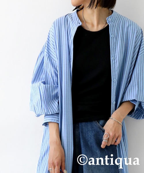 antiqua(アンティカ)の「綿混素材ストライプ柄シャツワンピース(シャツワンピース・レディース・グリーン系その他/ブルー系その他/オレンジ系その他/ネイビー・FREE)」の16枚目の写真