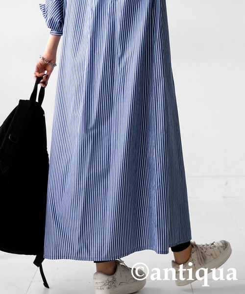 antiqua(アンティカ)の「綿混素材ストライプ柄シャツワンピース(シャツワンピース・レディース・グリーン系その他/ブルー系その他/オレンジ系その他/ネイビー・FREE)」の9枚目の写真
