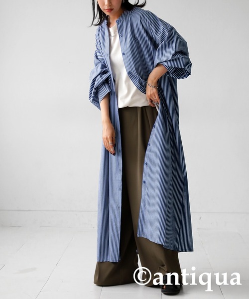 antiqua(アンティカ)の「綿混素材ストライプ柄シャツワンピース(シャツワンピース・レディース・グリーン系その他/ブルー系その他/オレンジ系その他/ネイビー・FREE)」の6枚目の写真