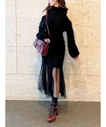 ペプラムチュールニットドッキングワンピース