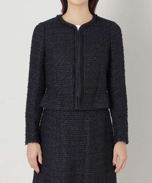 【美品】TO BE CHIC トゥービーシック ノーカラージャケット黒 フリー セール】 【CLASSY.1月号掲載】ルレックスツイード ノーカラー