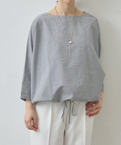 BEARDSLEY（ビアズリー）の「シャツまで畏まらず、Tシャツみたいにカジュアルじゃない/ボーダーシャツTシャツ（シャツ/ブラウス・レディース・ベージュ/グレー・FREE）」の2枚目の写真