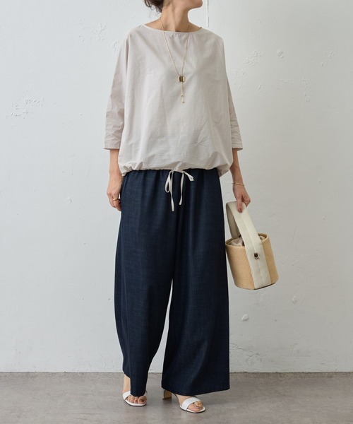 BEARDSLEY（ビアズリー）の「シャツまで畏まらず、Tシャツみたいにカジュアルじゃない/ボーダーシャツTシャツ（シャツ/ブラウス・レディース・ベージュ/グレー・FREE）」の6枚目の写真