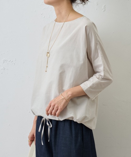 BEARDSLEY（ビアズリー）の「シャツまで畏まらず、Tシャツみたいにカジュアルじゃない/ボーダーシャツTシャツ（シャツ/ブラウス・レディース・ベージュ/グレー・FREE）」の8枚目の写真