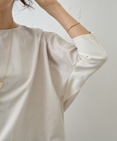 BEARDSLEY（ビアズリー）の「シャツまで畏まらず、Tシャツみたいにカジュアルじゃない/ボーダーシャツTシャツ（シャツ/ブラウス・レディース・ベージュ/グレー・FREE）」の11枚目の写真