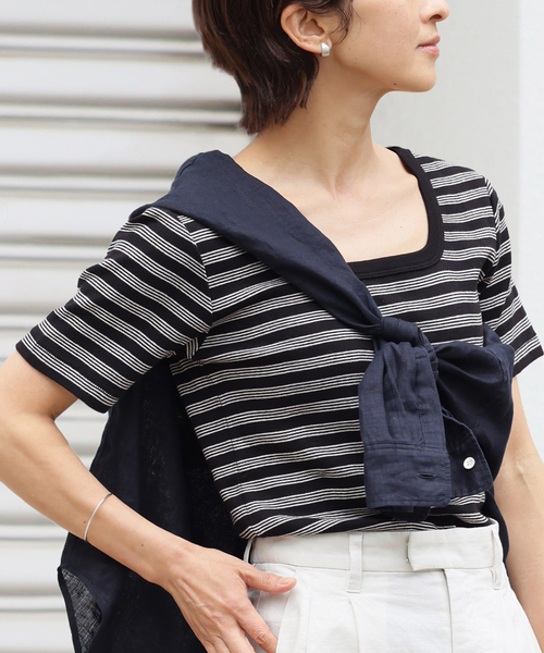 MILLER（ミラー）の「別注【MILLER/ミラー】*RELUME スクエアネック S/S TEE：Tシャツ（Tシャツ/カットソー・レディース・ブラック/ブラックミックス/ネイビー・FREE）」の2枚目の写真