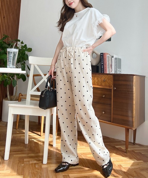 moment+（モーメントプラス）の「リネンライクドットプリントウエストリボンパンツ（その他パンツ・レディース・ベージュ/ブラック/ネイビー・L/M）」の8枚目の写真