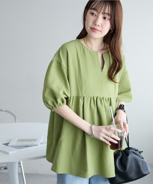 セール】【新色追加!/WEB限定】キーネックペプラムブラウス（シャツ