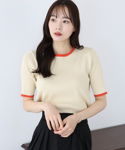 BLUEEAST（ブルーイースト）の「バイカラーリブニット（ニット/セーター・レディース・ベージュ/ネイビー/オフホワイト/グレー/ベージュ系・MEDIUM）」の4枚目の写真