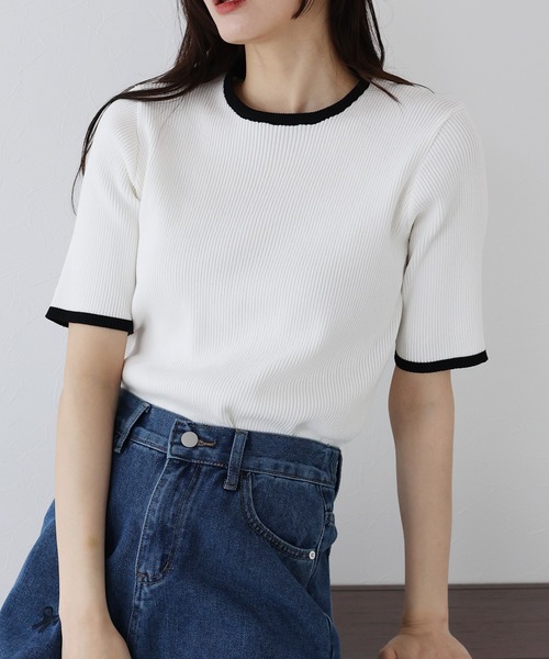 BLUEEAST（ブルーイースト）の「バイカラーリブニット（ニット/セーター・レディース・ベージュ/ネイビー/オフホワイト/グレー/ベージュ系・MEDIUM）」の2枚目の写真