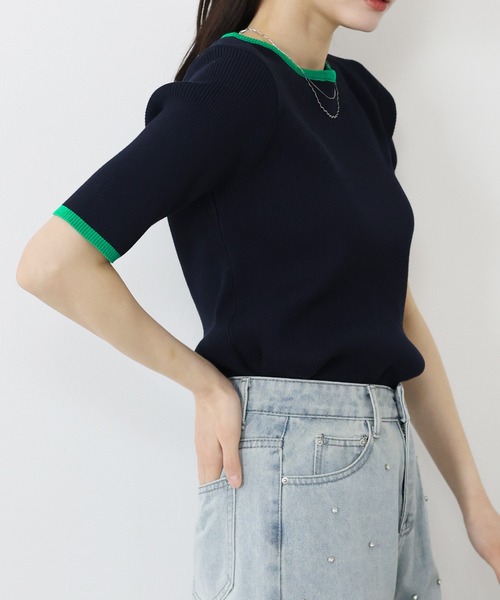 BLUEEAST（ブルーイースト）の「バイカラーリブニット（ニット/セーター・レディース・ベージュ/ネイビー/オフホワイト/グレー/ベージュ系・MEDIUM）」の8枚目の写真