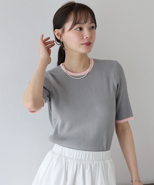 BLUEEAST（ブルーイースト）の「バイカラーリブニット（ニット/セーター・レディース・ベージュ/ネイビー/オフホワイト/グレー/ベージュ系・MEDIUM）」の14枚目の写真