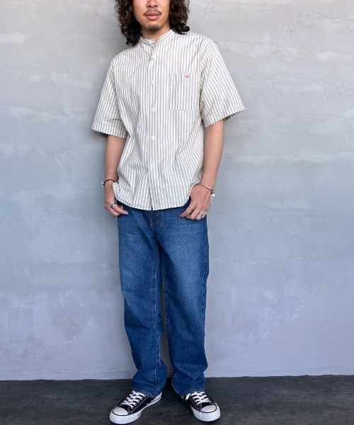 DANTON シャツ 青ストライプ コットン 38半袖 DANTON｜ストライプ 半袖Tシャツ SHORT SLEEVE SEMI CROP T