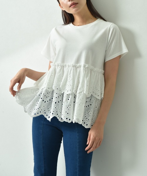 INTERPLANET（インタープラネット）の「スカラップレースティアード切替プルオーバー（Tシャツ/カットソー・レディース・ブラック/オフホワイト・FREE）」の2枚目の写真