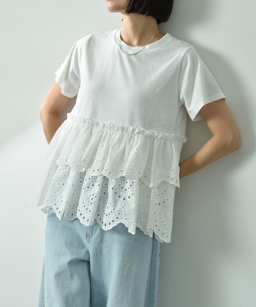 INTERPLANET（インタープラネット）の「スカラップレースティアード切替プルオーバー（Tシャツ/カットソー・レディース・ブラック/オフホワイト・FREE）」の3枚目の写真