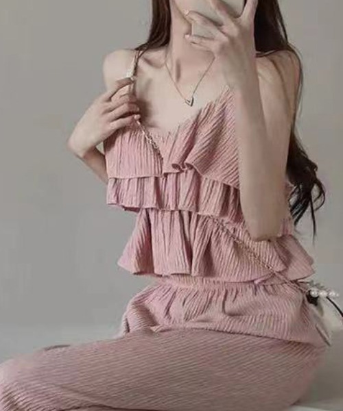 セットアップ❁後ろ下がりフレアティ＆フリルテーパードパンツ 100size セール】プリーツ加工ティアードキャミ＋ワイドパンツセットアップ