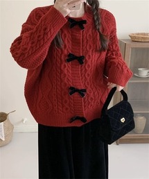 リボン付きレッドニットカーディガン SPIRALGIRL カーディガン サテンリボン2WAYニットカーディガン