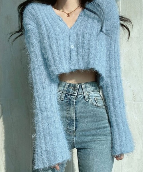 kirakiraShop(キラキラショップ)の「スリーブ フレア ショート ニット カーディガン(ニット/セーター・レディース・ブラック/グレー/ブルー/ピンク・FREE)」の12枚目の写真
