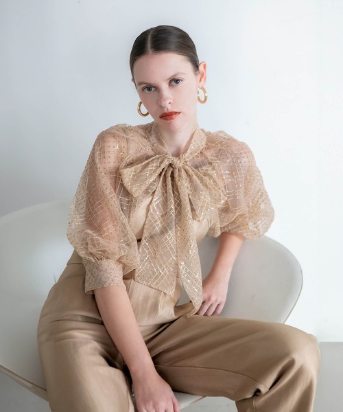 セール】【LEJA】ドット柄スパンコールパフスリーブボレロ