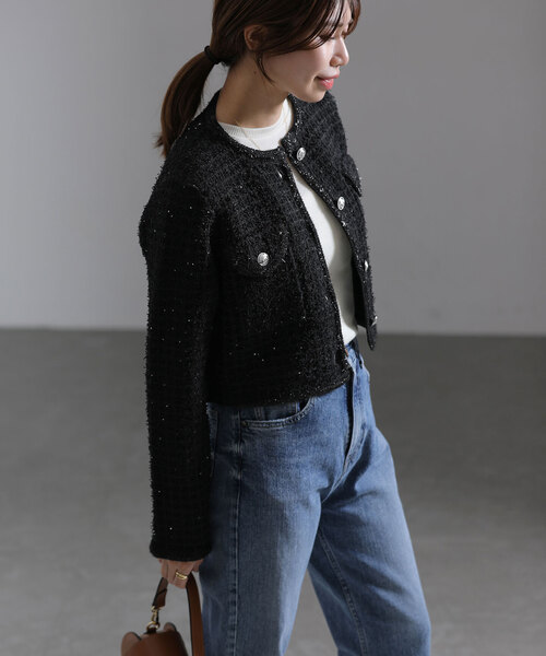 La TOTALITE(ラトータリテ)の「【TORRAZZO DONNA/トラッゾドンナ】Compact Knit Jacket(ノーカラージャケット・レディース・ブラック/アイボリー・FREE)」の5枚目の写真