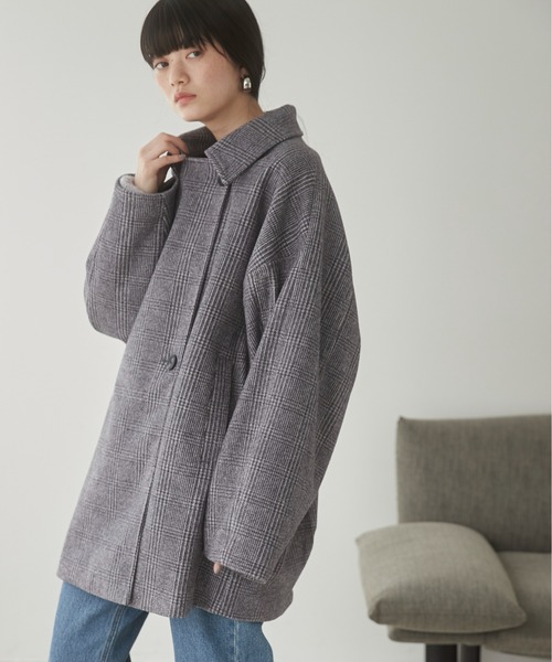 コート❣️チェックコクーンミドルコート ミドルコクーンコート ブルー hellam コート❣️チェックコクーンミドルコート ミドルコクーンコート