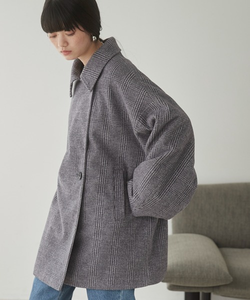 コート❣️チェックコクーンミドルコート ミドルコクーンコート ブルー hellam コート❣️チェックコクーンミドルコート ミドルコクーンコート