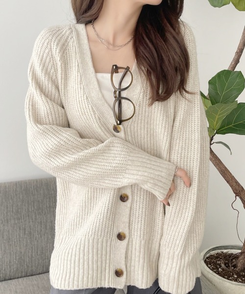 セール】片畦編み・Vネック MIXニットカーディガン（カーディガン