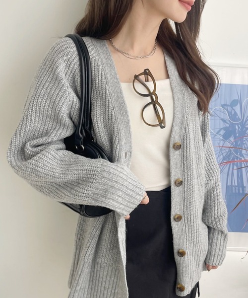 TREOVER（トレオーバー）の「片畦編み・Vネック MIXニットカーディガン（カーディガン/ボレロ・レディース・ブルー/アイボリー/杢グレー/ブラック/ピンク/ベージュ・FREE）」の18枚目の写真