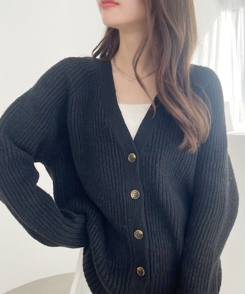 TREOVER（トレオーバー）の「片畦編み・Vネック MIXニットカーディガン（カーディガン/ボレロ・レディース・ブルー/アイボリー/杢グレー/ブラック/ピンク/ベージュ・FREE）」の9枚目の写真