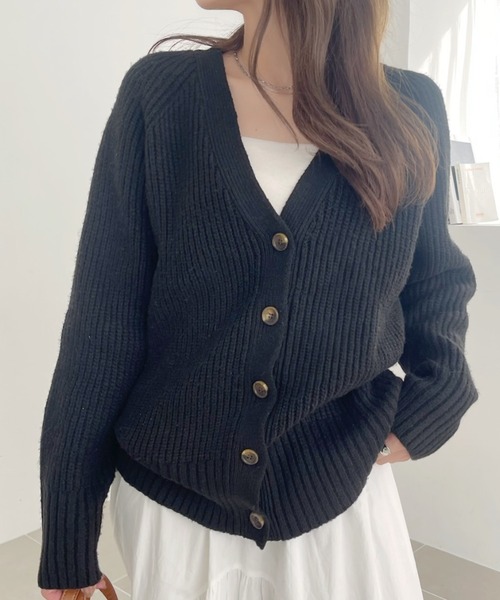 TREOVER（トレオーバー）の「片畦編み・Vネック MIXニットカーディガン（カーディガン/ボレロ・レディース・ブルー/アイボリー/杢グレー/ブラック/ピンク/ベージュ・FREE）」の10枚目の写真