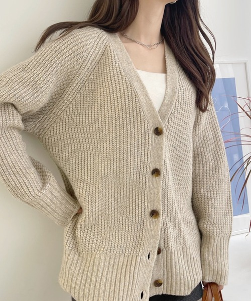 TREOVER（トレオーバー）の「片畦編み・Vネック MIXニットカーディガン（カーディガン/ボレロ・レディース・ブルー/アイボリー/杢グレー/ブラック/ピンク/ベージュ・FREE）」の21枚目の写真