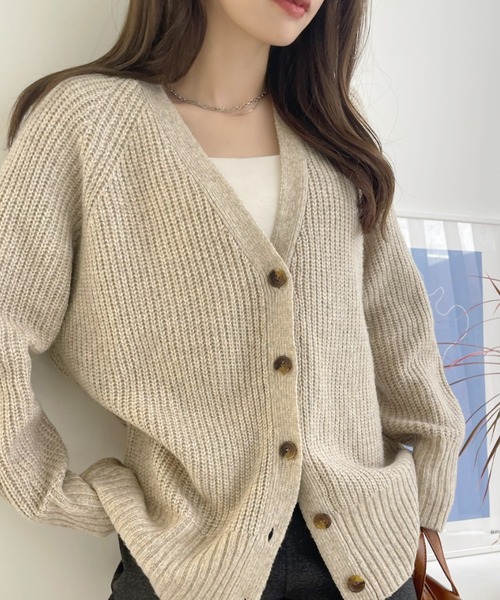 TREOVER（トレオーバー）の「片畦編み・Vネック MIXニットカーディガン（カーディガン/ボレロ・レディース・ブルー/アイボリー/杢グレー/ブラック/ピンク/ベージュ・FREE）」の22枚目の写真