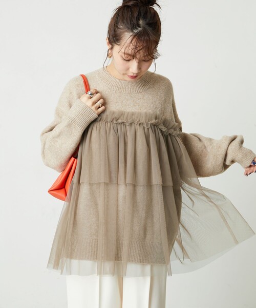 FREAK'S STORE(フリークスストア)の「限定展開 チュール ドッキング ニット プルオーバー(ニット/セーター・レディース・ブラック/ナチュラル/杢グレー/ベージュ/ライトグレー・フリ-)」の4枚目の写真