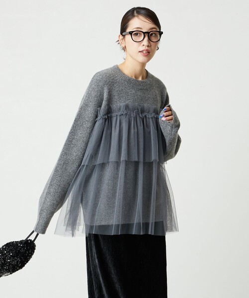 FREAK'S STORE(フリークスストア)の「限定展開 チュール ドッキング ニット プルオーバー(ニット/セーター・レディース・ブラック/ナチュラル/杢グレー/ベージュ/ライトグレー・フリ-)」の3枚目の写真
