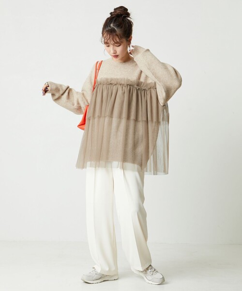 【完売品】Fit more ベロアチュールドッキングトップス アイボリー ドットチュールドッキングフレンチトップス（Tシャツ/カットソー