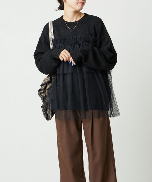 FREAK'S STORE(フリークスストア)の「限定展開 チュール ドッキング ニット プルオーバー(ニット/セーター・レディース・ブラック/ナチュラル/杢グレー/ベージュ/ライトグレー・フリ-)」の8枚目の写真