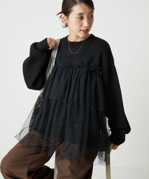 FREAK'S STORE(フリークスストア)の「限定展開 チュール ドッキング ニット プルオーバー(ニット/セーター・レディース・ブラック/ナチュラル/杢グレー/ベージュ/ライトグレー・フリ-)」の10枚目の写真